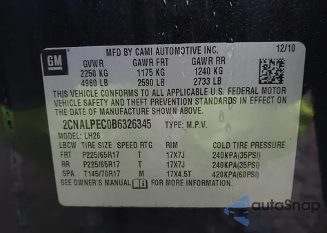 2011 Chevrolet Equinox 2Lt из США, поврежденный, VIN 2CNALPEC0B6326345